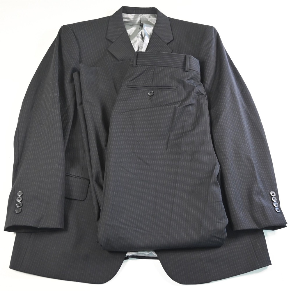 Vtg Y2K Axcess 40R 34x32 Black Striped Wool Mens Jacket Pants Suit